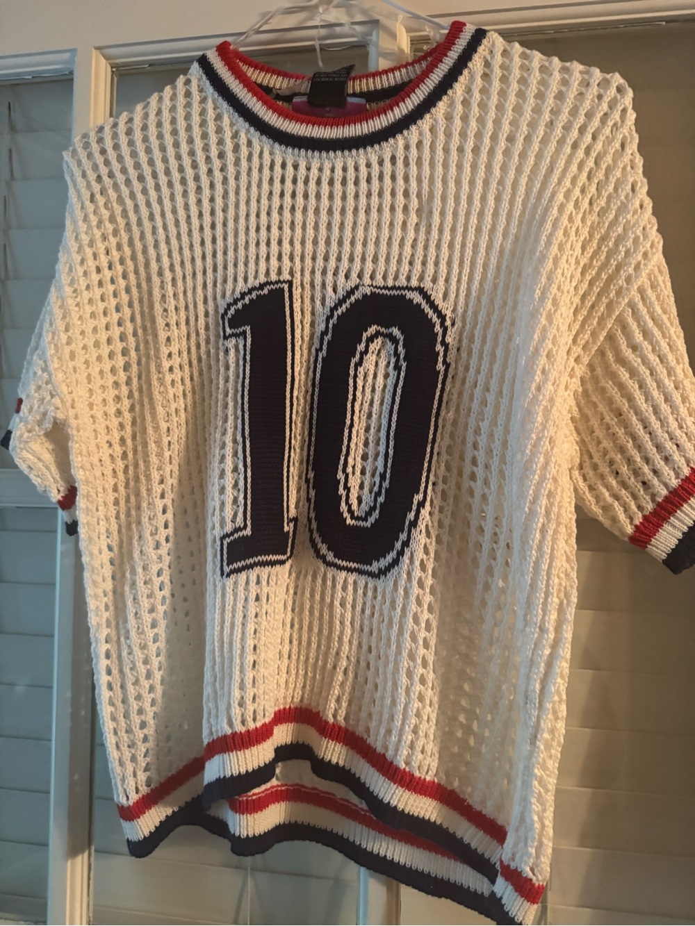 Women White Mesh Knit Sweater with Navy '10' and Red Trim shorts.
Brand new